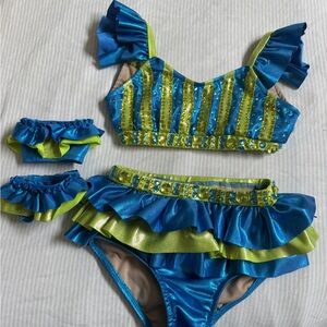 Glamour Blue and Green Dance Costume Set with Ruffles